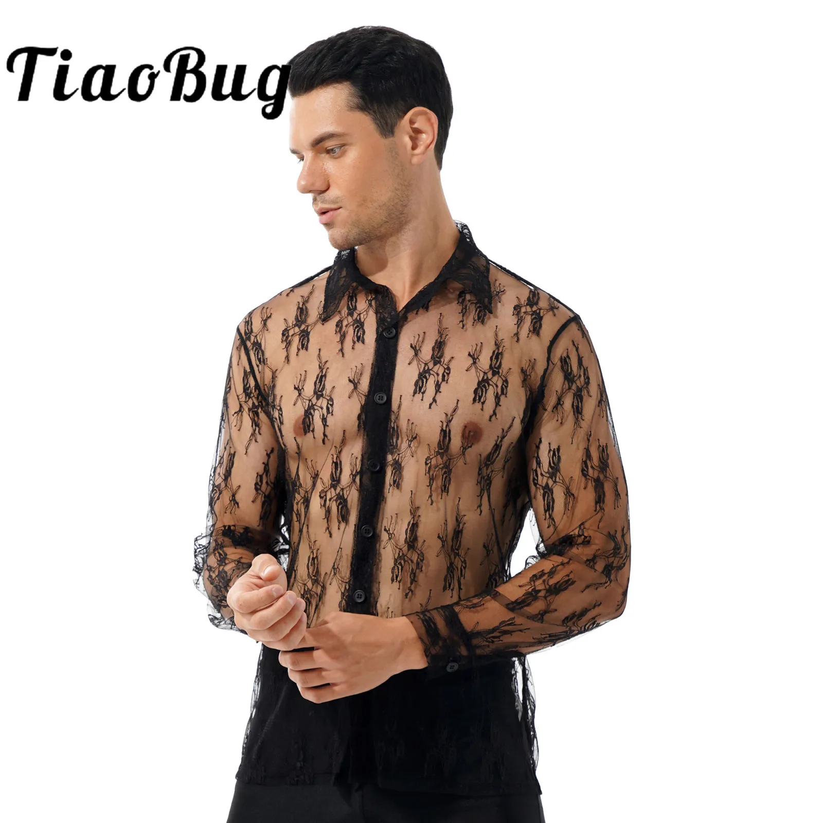 Mens See through Floral Lace Shirt Turn 
