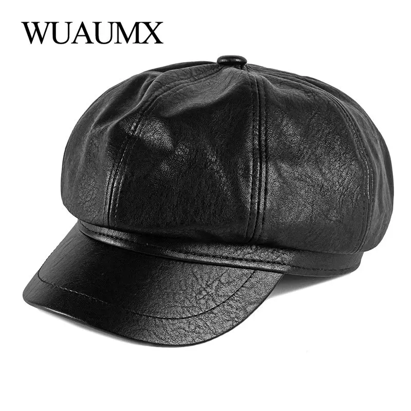 Wuaumx однотонная искусственная кожа ранняя для женщин осенне зимняя кепка