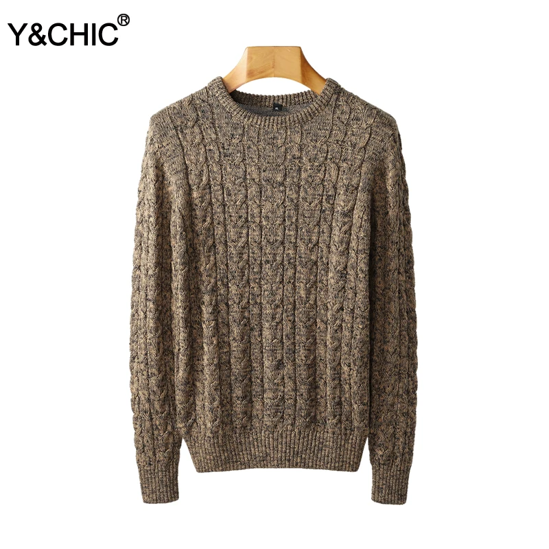 Y& CHIC осень и зима мужской толстый длинный рукав вязаный хлопок свитер пуловер с круглым вырезом вересковый цвет