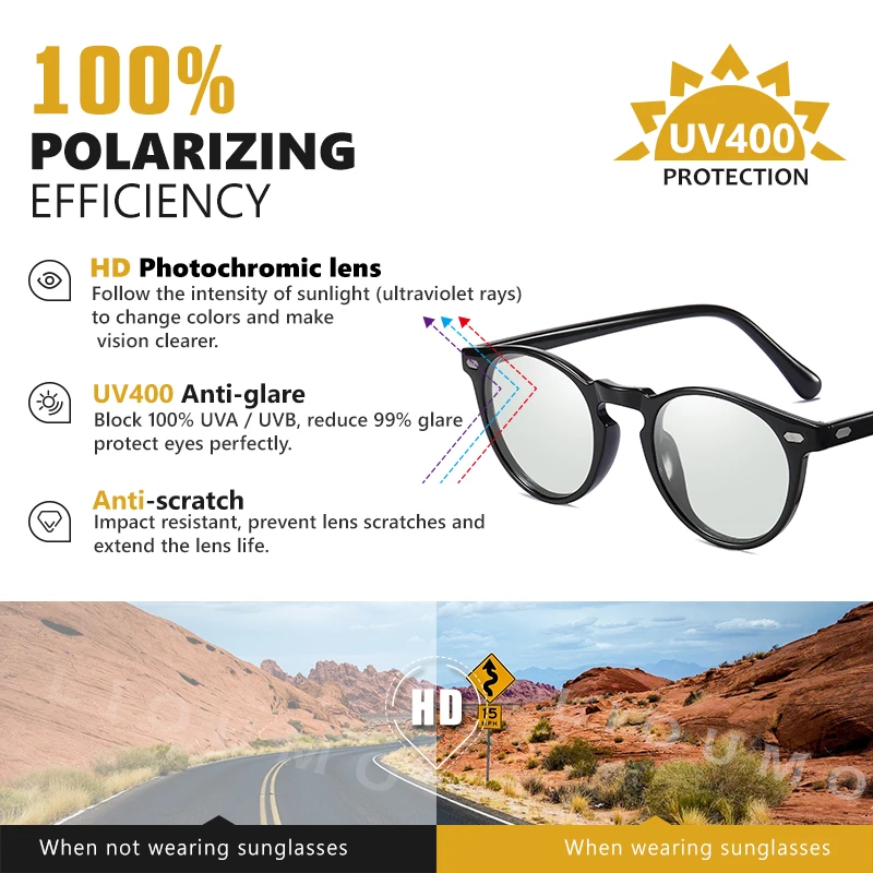 LIOUMO Top Ultralight Round TR90 Polarized Photochromic Sunglasses Men Women UV400 Lens Sun Glasses Discoloration Shades Glasses 3