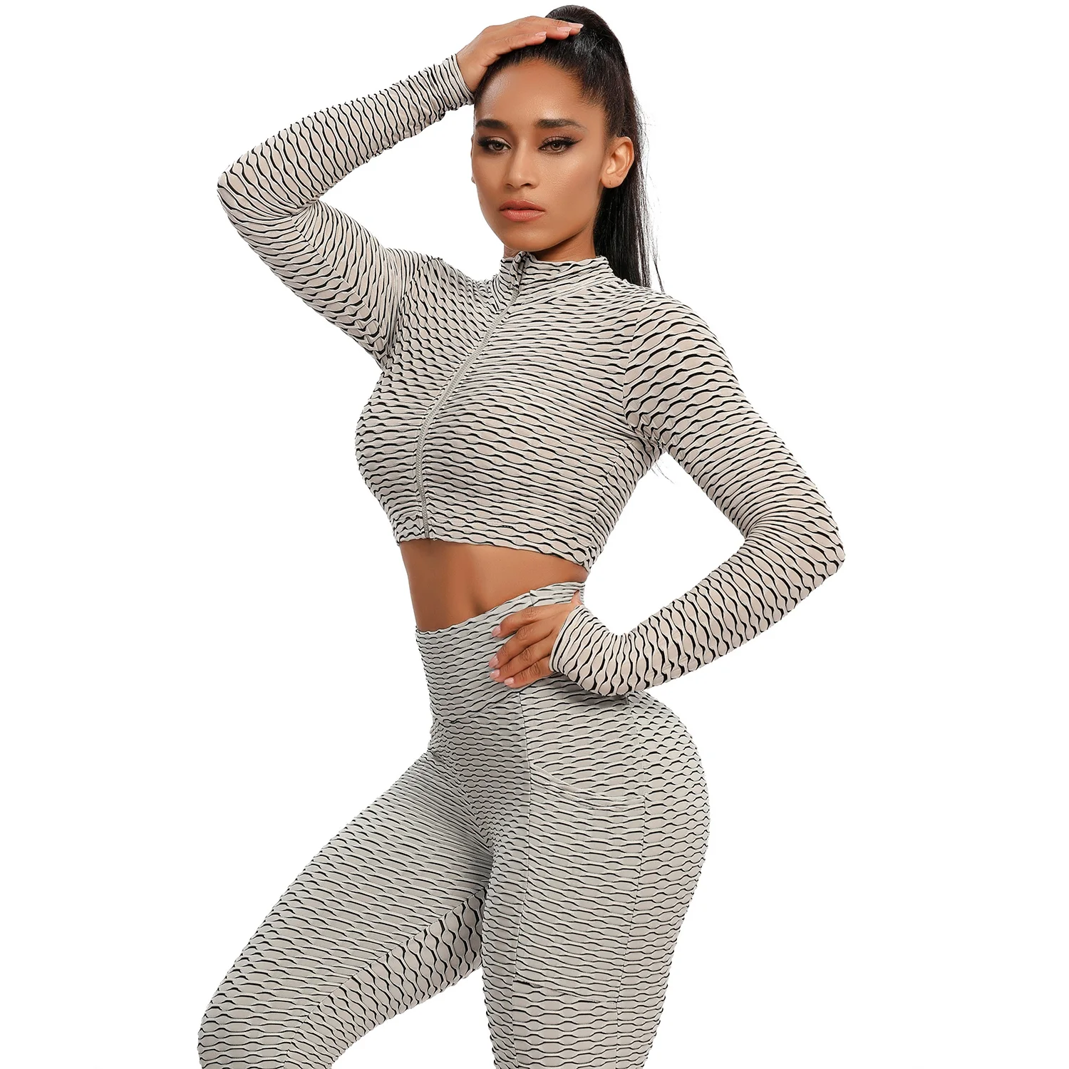 Women's Fitness Set Textured Long Sleeves Zipper Sports Crop Shirts Hip-up Leggings 2 Pcs Running Gym Sets Women's Tracksuits plus size suits for women Suits & Blazers