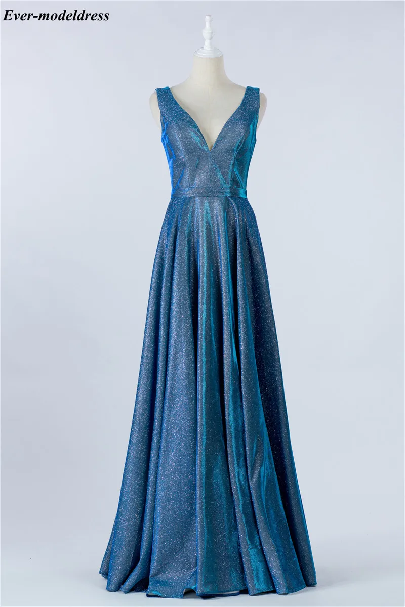

Elegant Shiny Evening Dresses V-Neck Sleeveless A-Line 2020 Glitter Prom Graduation Gowns Arabic Vestido De Mujer