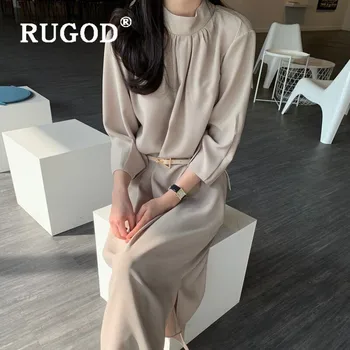 

Simple Solid Belted Blocking Office Dress for Laides Elegant Fashion Simple Dress Minimalist All-match Autumn Dress 2020 Autumn