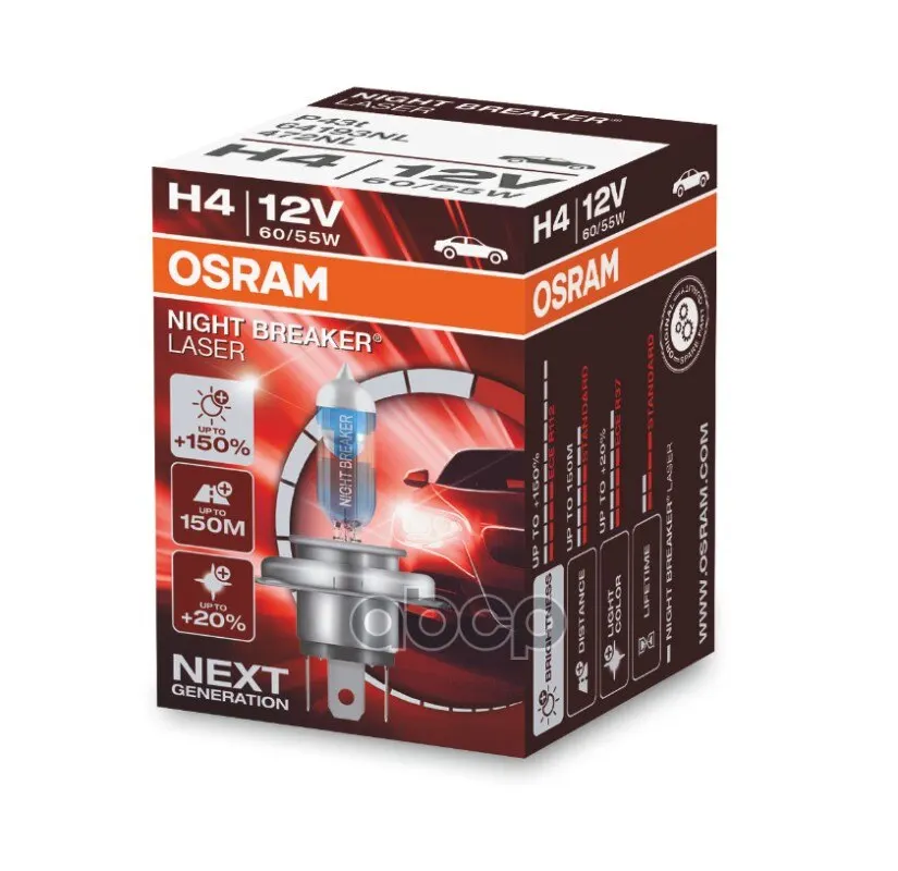 Лампа H4 12v 60/55w P43t Night Breaker Laser +150% Больше Света 1 Шт. Osram арт. 64193NL | Автомобили и