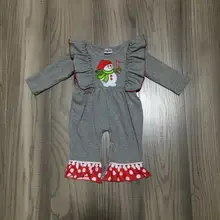 Осень/Зима Рождество маленьких девочек детская одежда комбинезон Серый Снеговик горошек малыша Хлопок бутик детской одежды Ползунки с оборками