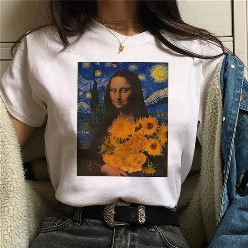 Mona Lisa Эстетическая Harajuku футболка женская забавная Ullzang Винтажная Футболка 90s