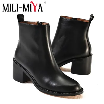 

MILI-MIYA Fashion Classic Winter Autumn High Square Heels Ankle Boots Real Leather Round Toe Zipper Female Footwear Black