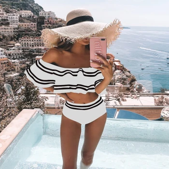 

2020 Sexy Bikini Women Swimsuit Ruffle Swimwear Striped Print Biquini High Waist Bathing Suits Off Shoulder Swimwear Bikinis