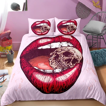 

Sexy Lip Pink Comforter Set Sugar Skull Duvet Cover Set Girls Bedroom Decor Bed Linen Set Full Queen King Double Custom Bedding