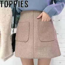 Зимняя короткая юбка из шерсти с карманами, трапециевидная юбка с высокой талией, винтажные теплые шерстяные юбки