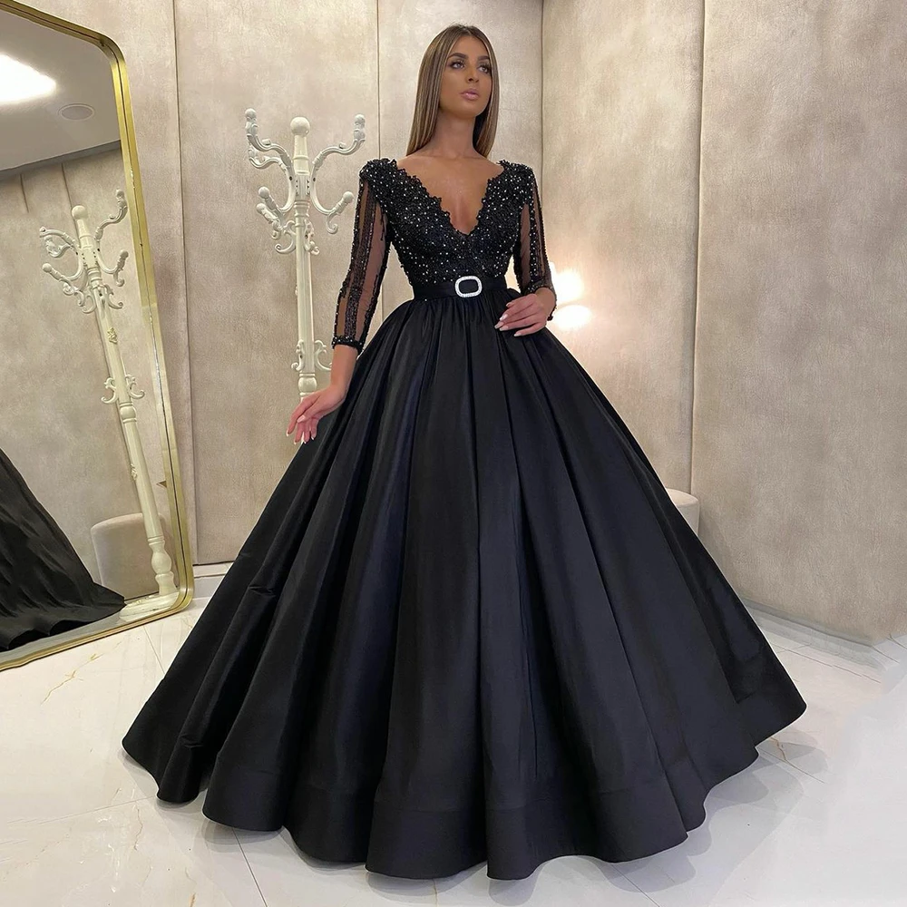 UZN vestido negro elegante de graduación con cuentas, cuello en V, manga  larga, elegante|Vestidos de graduación| - AliExpress