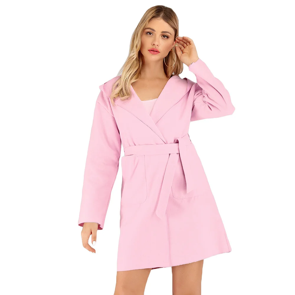 Женское шерстяное пальто с длинным рукавом длинное капюшоном и поясом осень