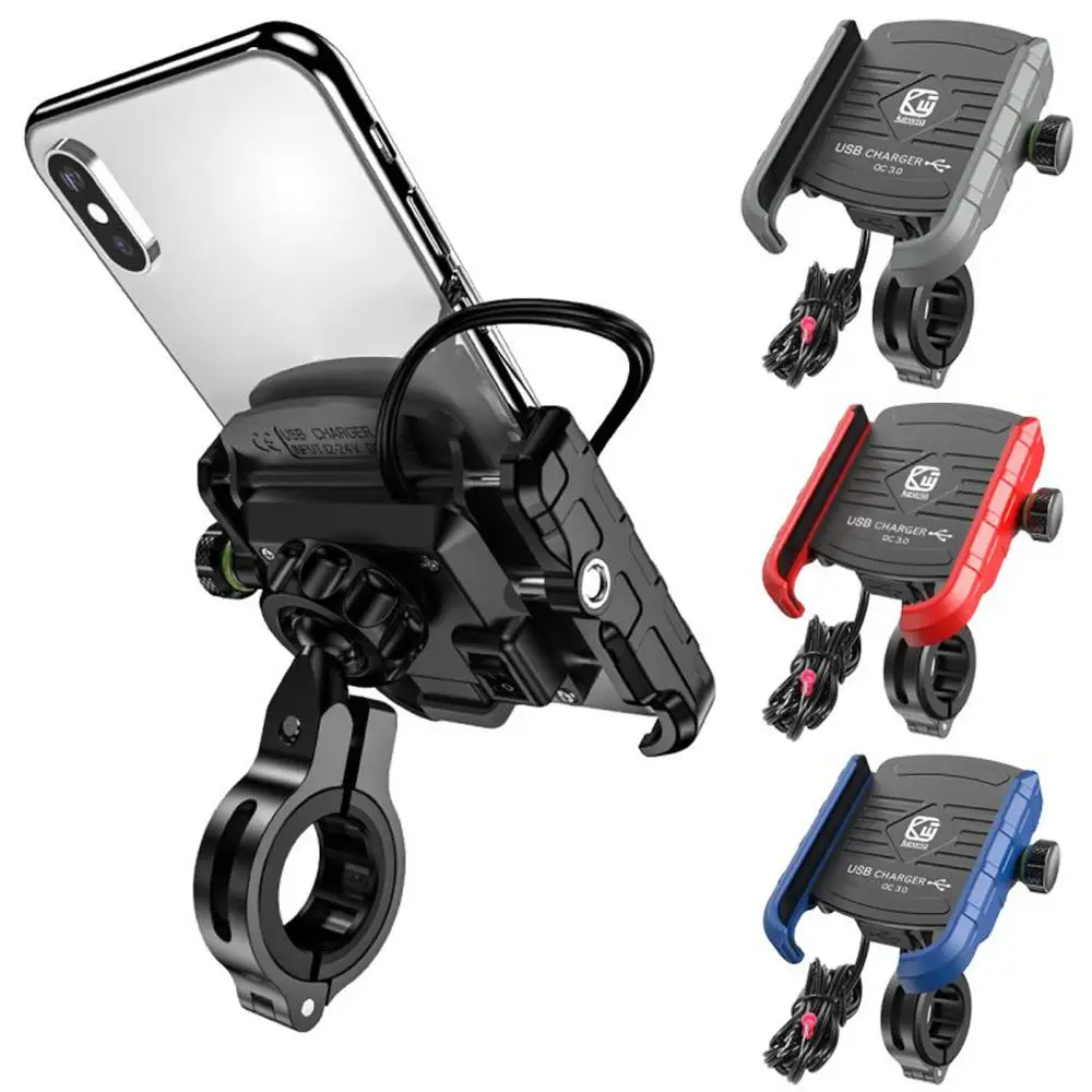 

360 Degree Motorcycle Handlebar Mirror Cell Phone Mount Holder with QC 3.0 USB Charger for iPhone Samsung Xiaomi Smartphone