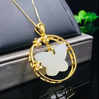 

Natural Hetian White Jade Pendant 925 Sterling Silver Golden Round Frame Inlaid With Jade Butterfly Necklace Pendants + Chain Fo