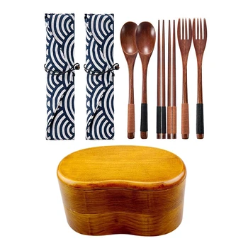 

2 Set Wooden Flatware Tableware Cutlery Set Spoon Chopsticks & 1 Pcs Apanese Bento Box, Lunch Boxes