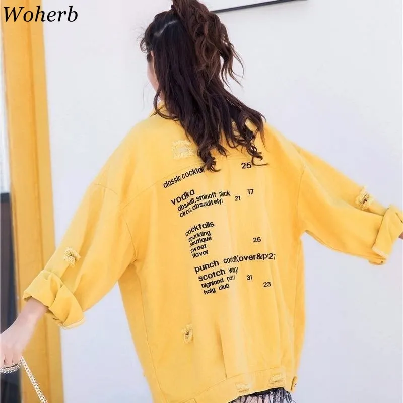 Woherb Harajuku джинсовые куртки женские рваные бойфренды с длинным рукавом винтажные женские джинсовые куртки свободные весенне-осенние негабаритные пальто