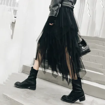 

LANMREM Solid Color Skirt Women 2020 Spring New Korean Mid-length High Waist Irregular Black Mesh A-line Skirt Female PC466