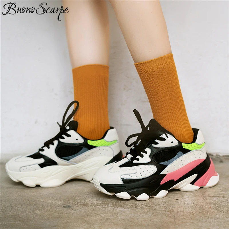 Buono Scarpe/женские кроссовки на платформе с толстой подошвой из натуральной кожи; женские кроссовки в стиле пэчворк; повседневная женская кожаная обувь;