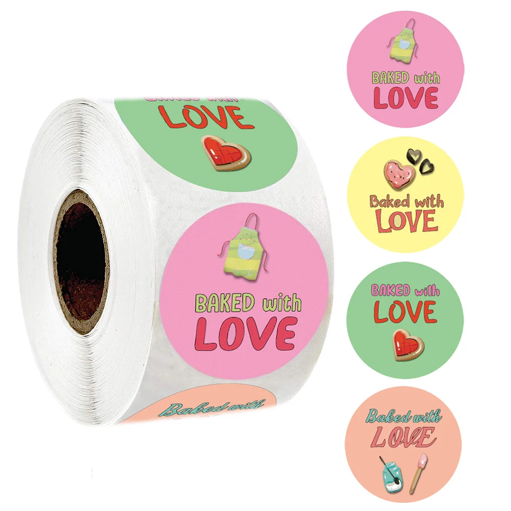 

1 inch Label Stickers Round Baked with Love Self Adhesive Paper 4 Designs Sticker 500pcs Per Roll Party Decoration Cute Stickers
