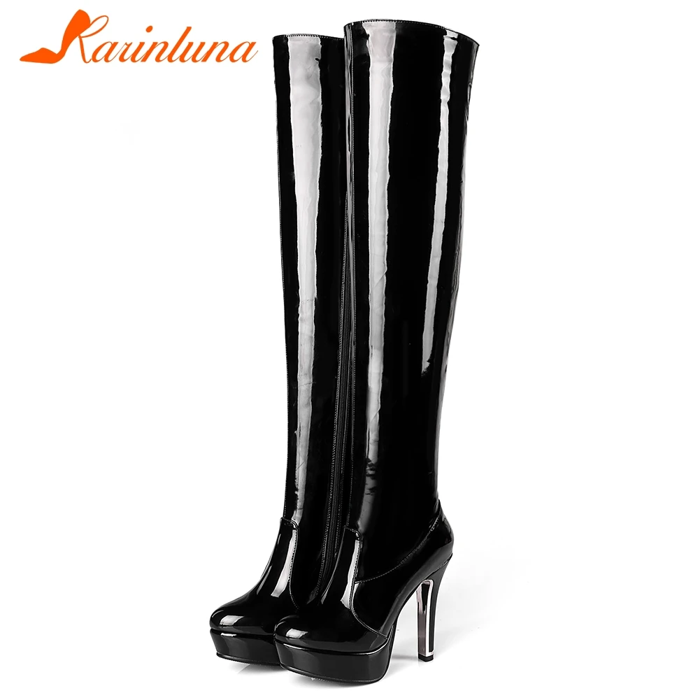 KARINLUNA Plus Size 34-48 Party Over The Knee Boots Lady Fashion Patent Pu Thigh High Boots Women High Heels Shoes Woman