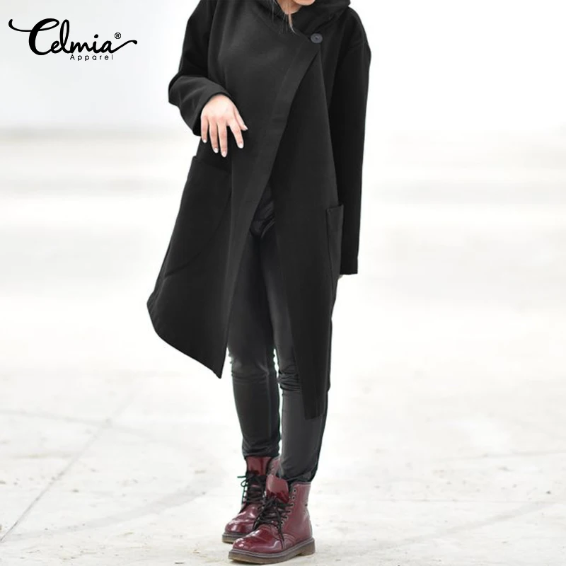 

Women Hooded Coats 2019 Celmia Vintage Asymmetrical Tops Long Jackets Casual Button Loose Outerwear Pockets Sweatshirt Plus Size