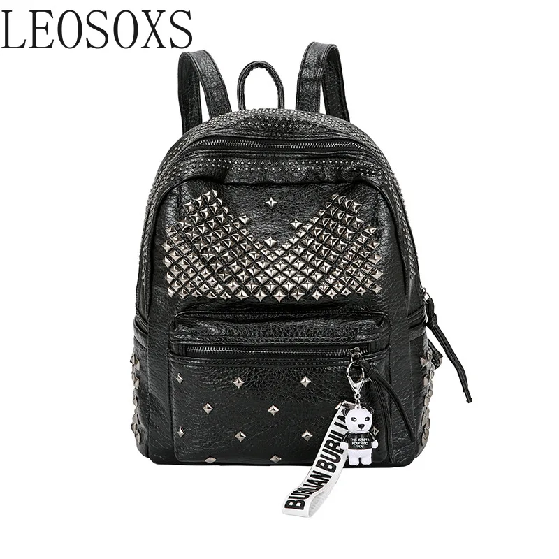 New tide wash leather rivet backpack women's leisure backpack Korean Pu