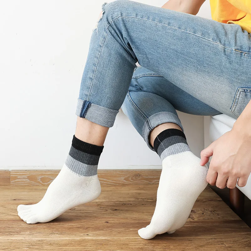 5 Pairs Man Thick Toe Socks Autumn Winter Cotton Socks with Fingers Japanese Style Harajuku Striped Compression Five Toed Socks