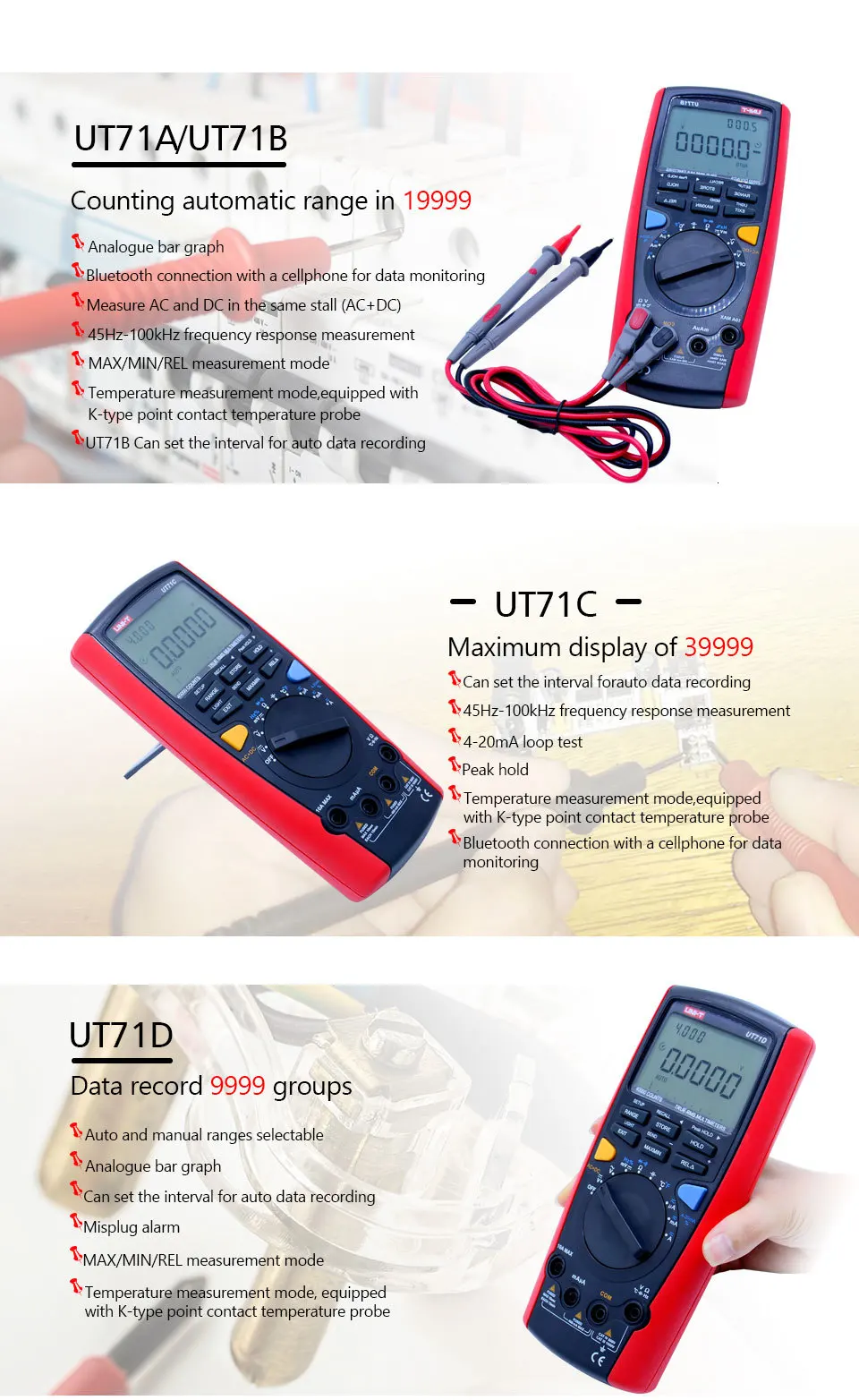 UNI-T UT71A/B/C/D/E Цифровой мультиметр Ture RMS AC DC Вольтметр Амперметр Сопротивление Емкость Частота Температура Тестер