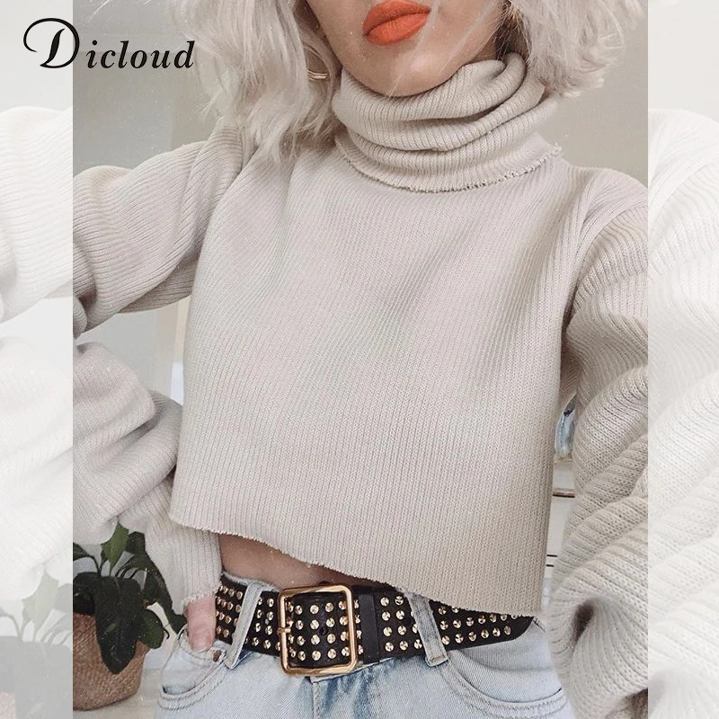 DICLOUD Turtleneck Women Cropped Sweater Winter Oversize Long Sleeve Warm Knitted Pullovers Fashion Streetwear
