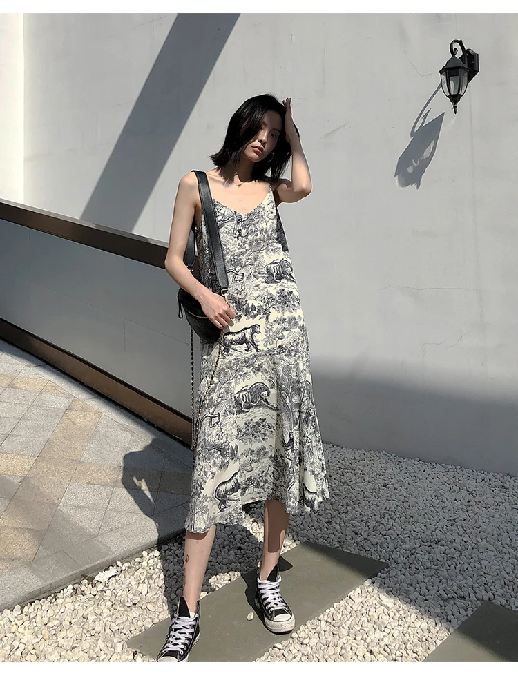 Chic women's high quality elegant slip dress Holiday style animal print chiffon dress B283