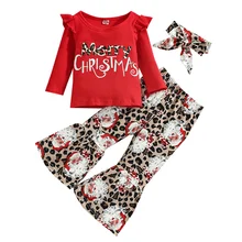 

0-4Y Baby Girl Clothing Sets 2021 Christmas Fashion Letter Long Sleeve Top + Leopard Print Trousers Suit Autumn New Kids Clothes