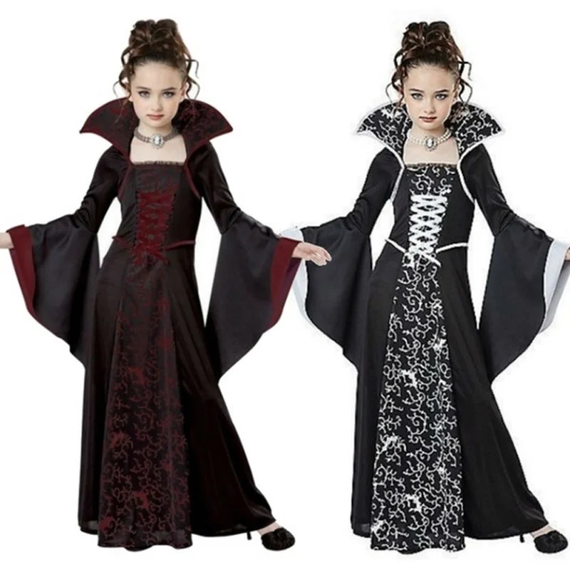 Детский костюм на Хэллоуин для девочек; костюм Королевского вампира с расклешенными рукавами; платье с длинными рукавами для девочек в средневековом стиле; вечерние костюмы для костюмированной вечеринки