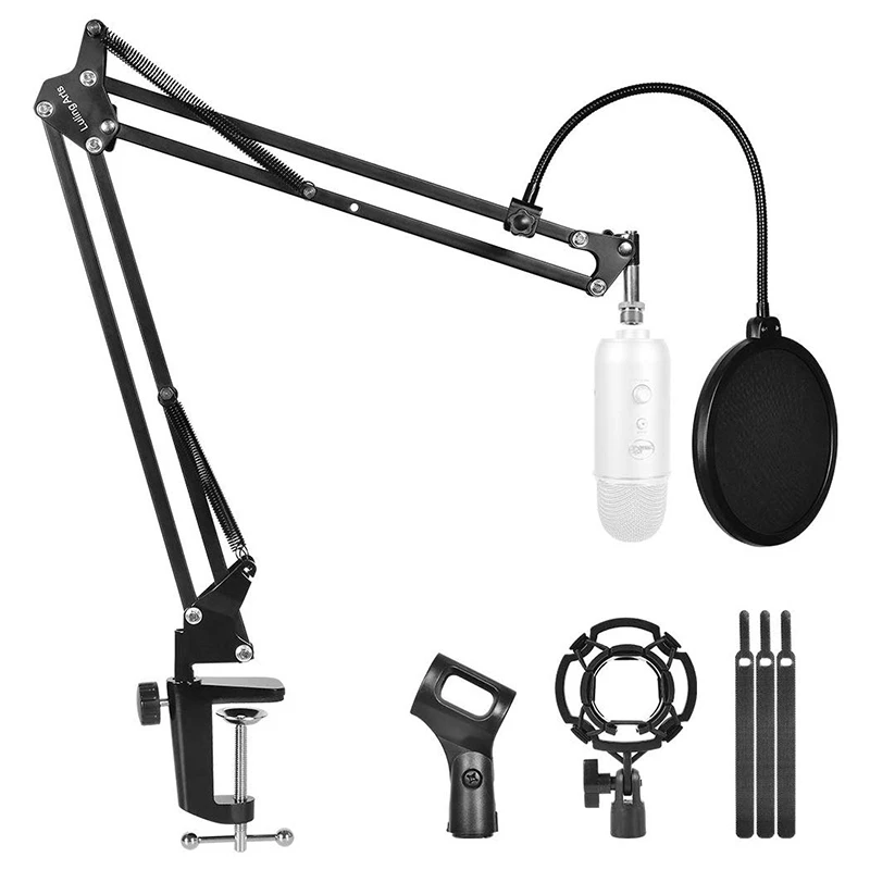 

Adjustable Desktop Microphone Stand Suspension Boom Scissor Arm Stand Desktop Mic Stand with Mic Filter for Radio Broadcasting a