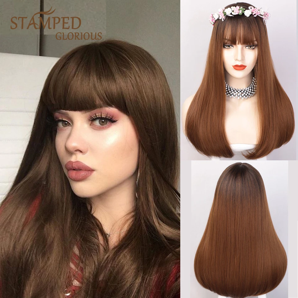 

Stamped Glorious Straight Ombre Black Blonde Wig With Bangs Long Synthetic Wig for Women Heat Resistant Fiber Natural Hair