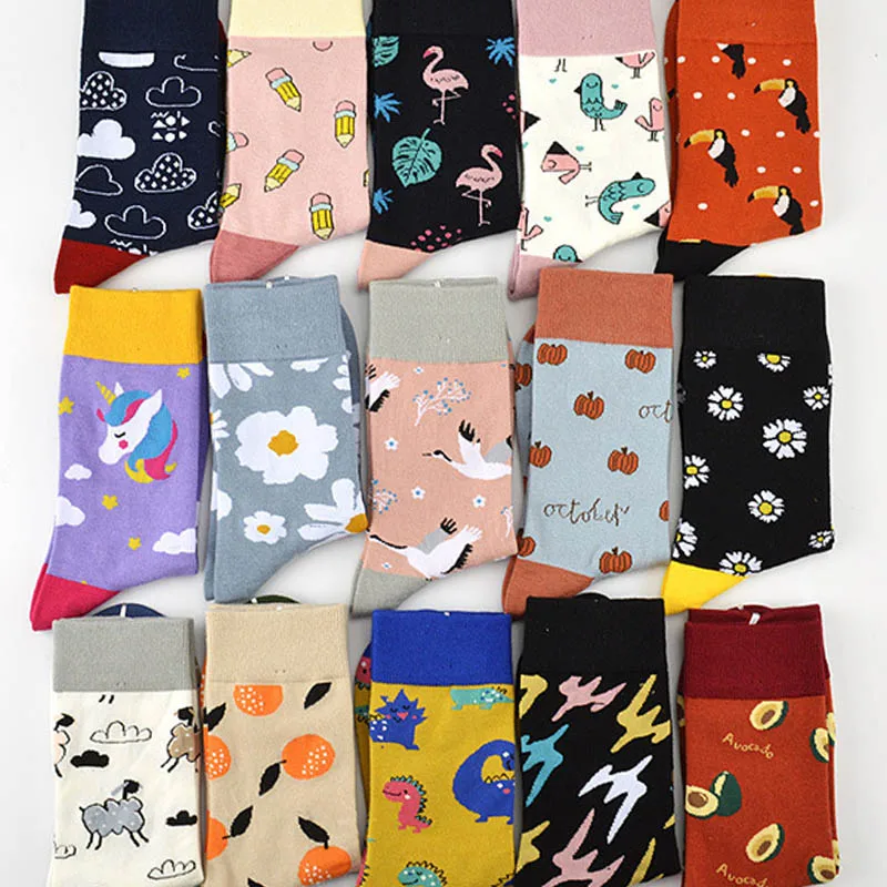Женские носки, забавные мультяшные животные, фламинго, единорог, Акула, милые носки, женские креативные японские носки для скейтборда в стиле Харадзюку