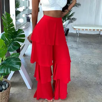 

Women Wide Leg Pants Elastic High Waist Ruffles Casual Fashion Summer Female Holiday Vocation Trousers Loose Black Red Femme New