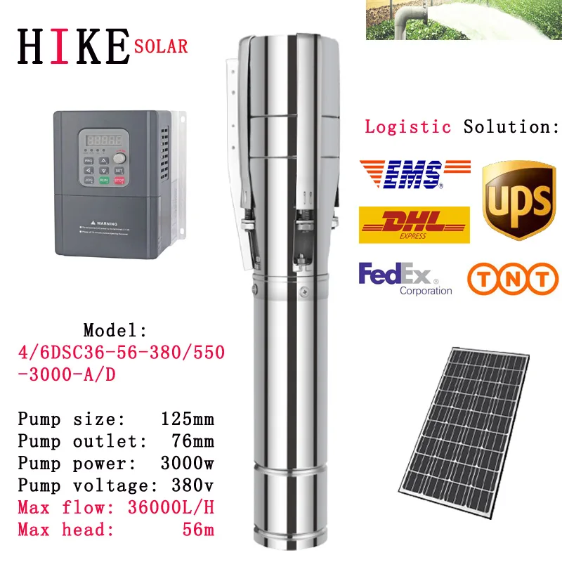 

Solar Water Pump 56m 4HP 36000L/h Deep Well Pump DC Submersible Pump Irrigation Home Agricultural 4/6DSC36-56-380/550-3000-A/D