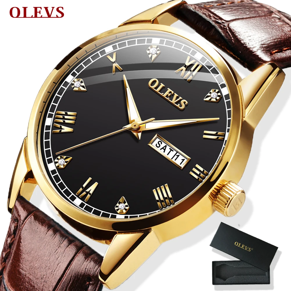 Online Reloj de OLEVS para hombre, de cuero marrón, cuarzo, calendario de fecha automática, marca Original, reloj de pulsera de negocios resistente al agua, moda masculina