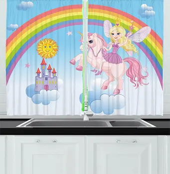 

Fantasy Kitchen Curtains Happy Princess on a Unicorn in Clouds with Rainbow Fairy Tale Kingdom Girls Image Window Drapes