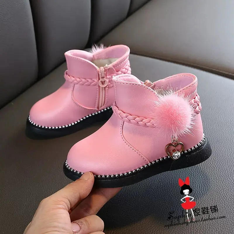 Pink Зимние ботинки для девушки; детская обувь; детские ботинки для девочек на плоской подошве из хлопчатобумажной ткани; модные детские сапоги с круглым носком; menina - Цвет: Pink
