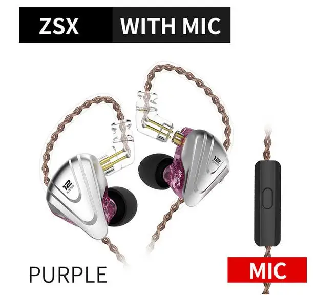 KZ ZSX Терминатор металлическая гарнитура 5BA+ 1DD Гибридный HIFI бас наушники капельки шумоподавление в ухо наушники - Цвет: Purple mic