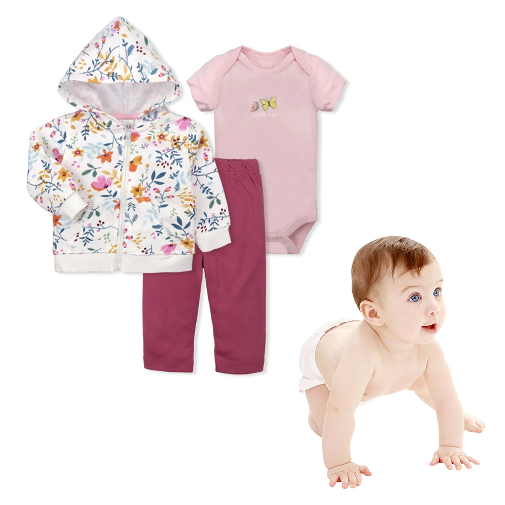 3pcs Butterfly Pants Heart Daily Hoodie Sweat Absorb Baby Clothing Set Long Sleeve Soft Cute Bodysuit Flower Print Fashion