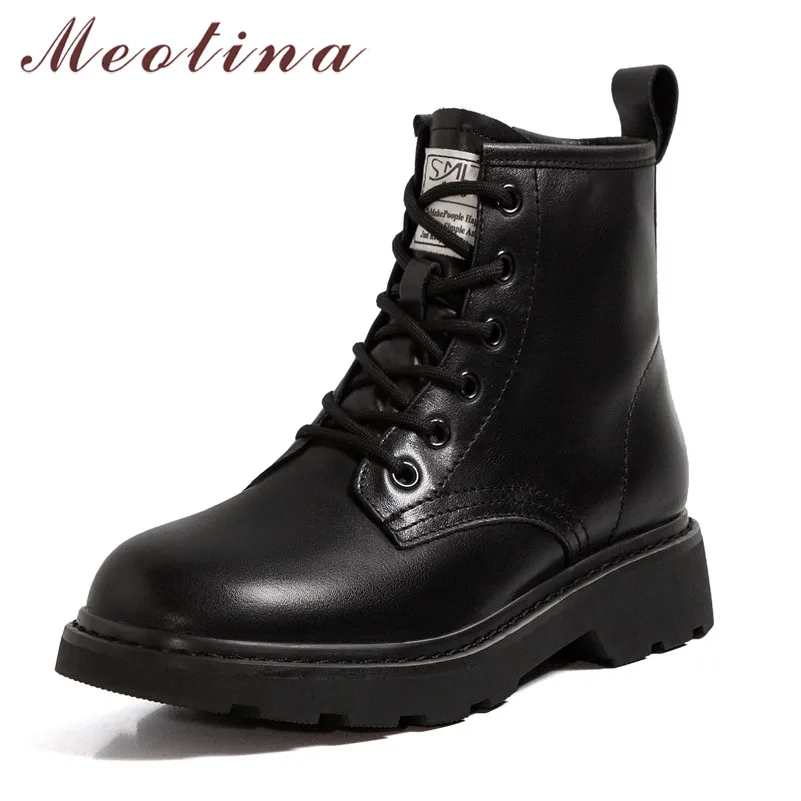 

Meotina Genuine Leather Platform Mid Heel Short Boots Women Motorcycle Boots Shoes Lace Up Zipper Block Heels Ankle Boots Black