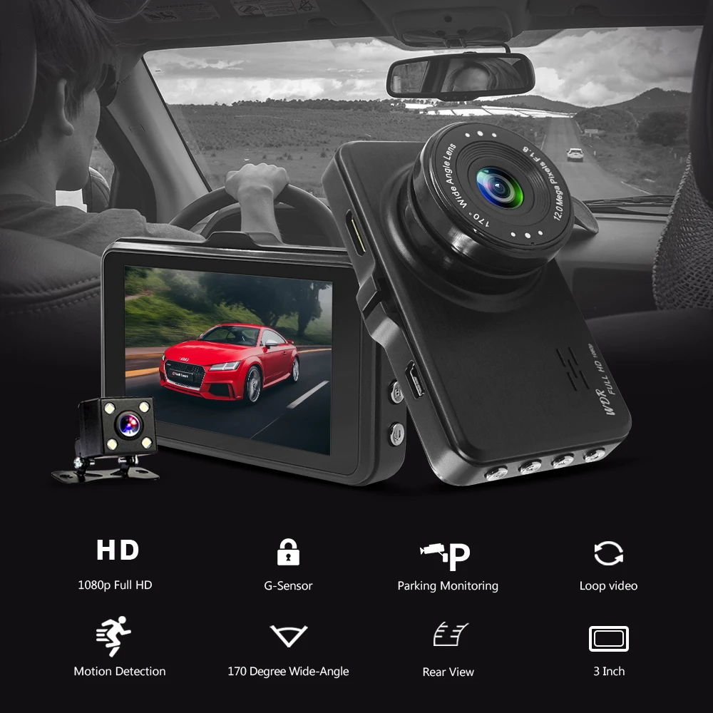 3-дюймовый Full HD 1080P вождение автомобиля Регистраторы Автомобильная камера цифровой видеорегистратор Двойной объектив Dashcam с детектором движения Ночное Видение G Сенсор