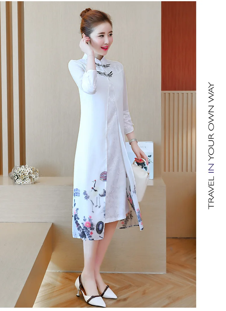 Весна стиль женское платье в китайском стиле Стиль улучшенная Cheongsam девятый рукав средней длины кран платье с цветочным принтом