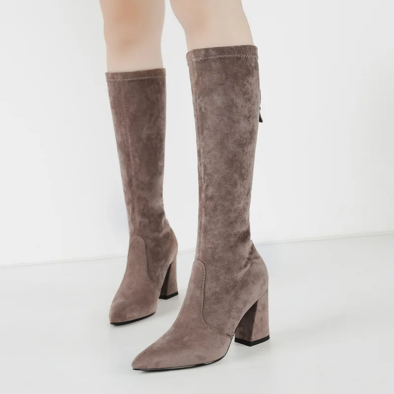 brand designer slim long winter boots women pointed toe thick high heels knee high boots cozy plush flock knight botas mujers614