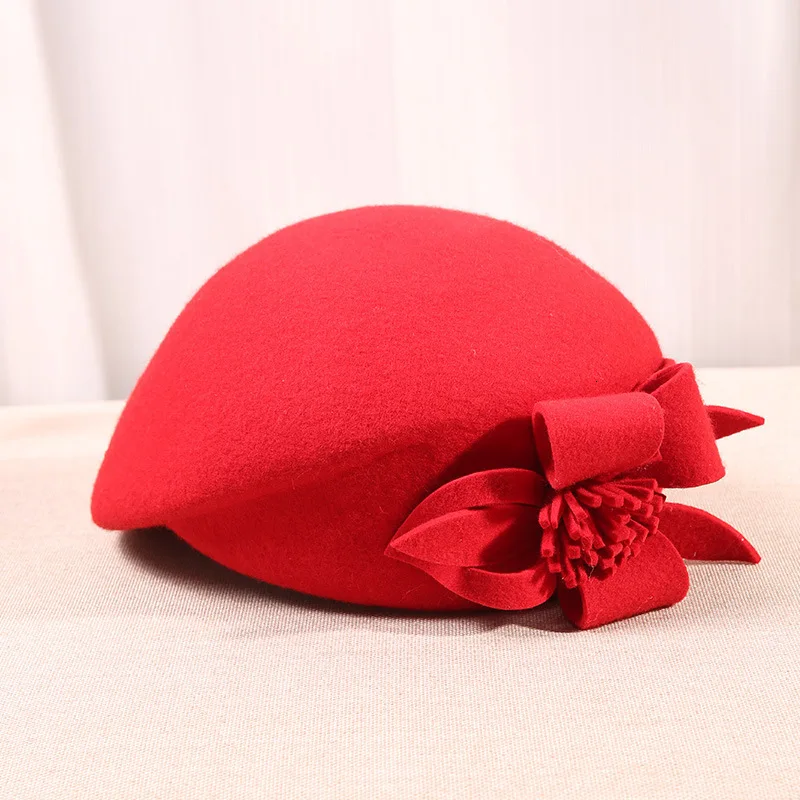 Pure Wool Felt Fascinator Wedding Hat Pillbox Hat for Women Cocktail Party Vintage Lady winter Solid Beret Hat Hostesses Cap - Цвет: red