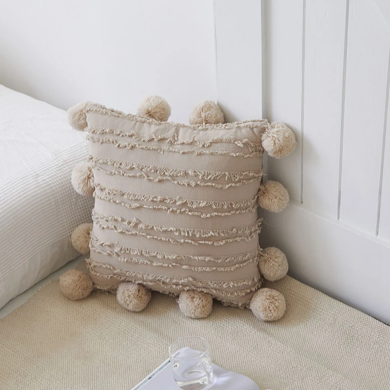 White Floral Fringed Pillowcase with Pompom Yellow Decorative Cushion Cover, Home Decoration Pillowcase 45X45cm