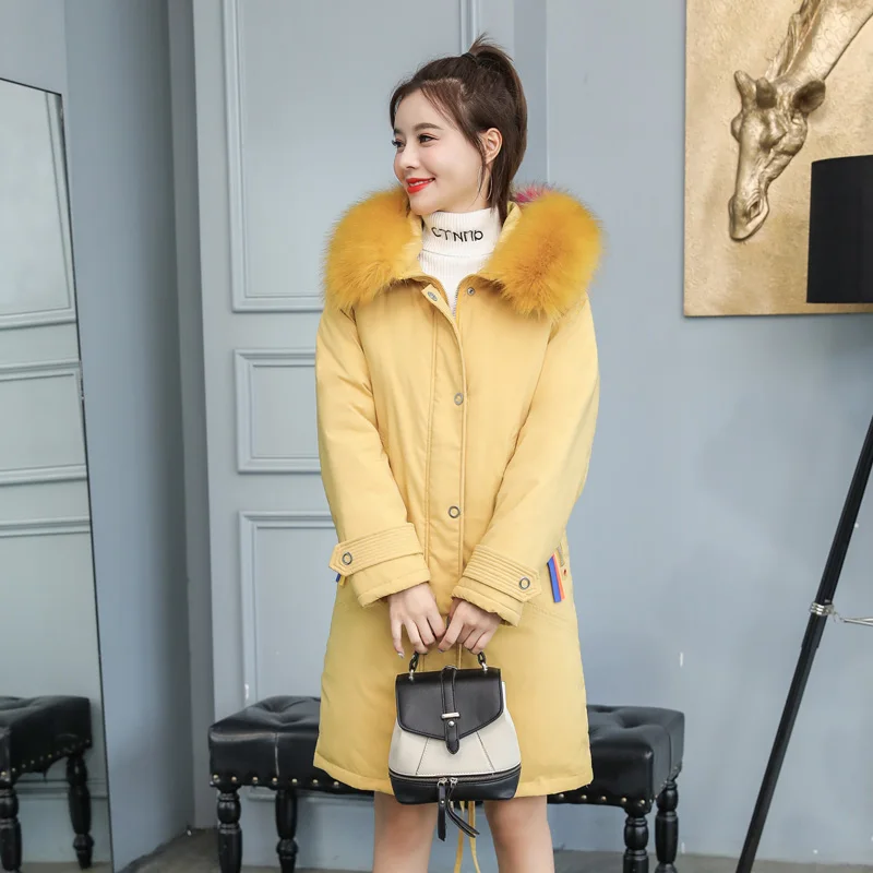 Дизайн, женская зимняя куртка, верхняя одежда из хлопка, Женское пальто с капюшоном и меховыми пуговицами, Женская длинная парка - Цвет: Цвет: желтый