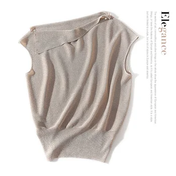 

New one neck asymmetric shoulder pearl buckle decoration loose elastic bright silk ice silk knit top